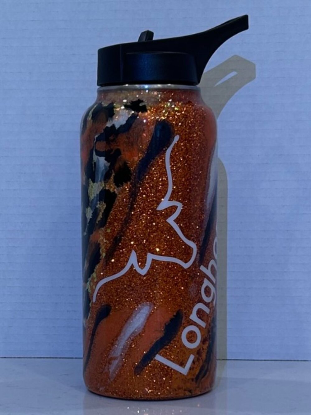 Longhorns Inspired Glitter Swirl Water Bottle Burnt Orange Custom Tumbler